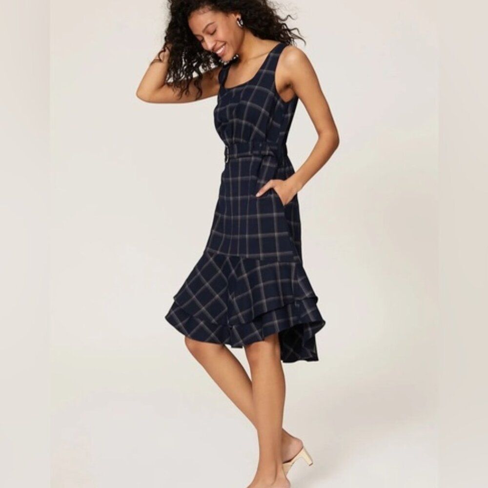Great Jones Navy Plaid sleeveless flounce hem belted Dress Small - Picture 5 of 10